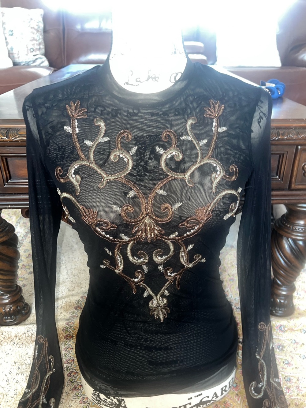 Cache Sheer Black Long-Sleeve Embroidered Mesh Top